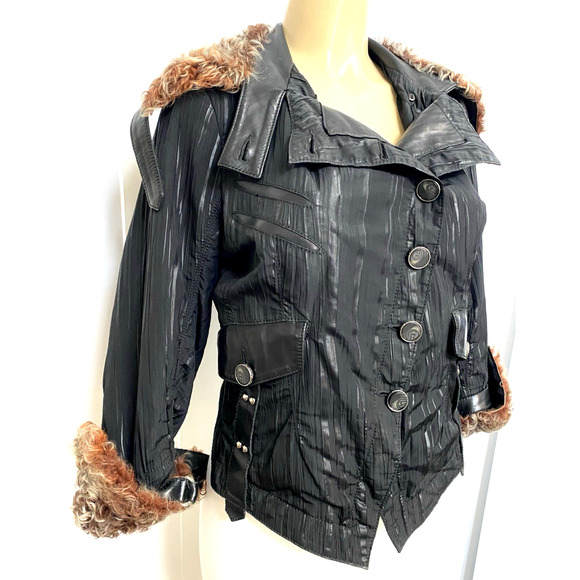 Punto Jacket Fur Collar Black Button Closure Pockets Leather trim 6 S - Picture 2 of 13